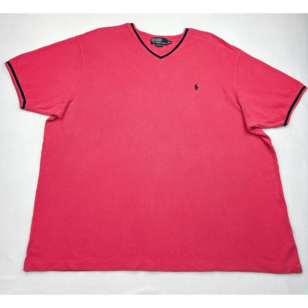 Vintage 90s Polo Ralph Lauren Mens XXL Pink Tipped V Neck Pique Cotton T Shirt